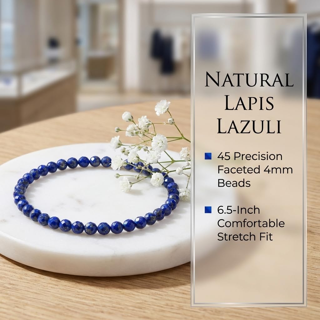 Angelstones Natural Lapis Lazuli Gemstone Stretch Bracelet, 4mm Faceted Round Beads, Crystal Healing for Women