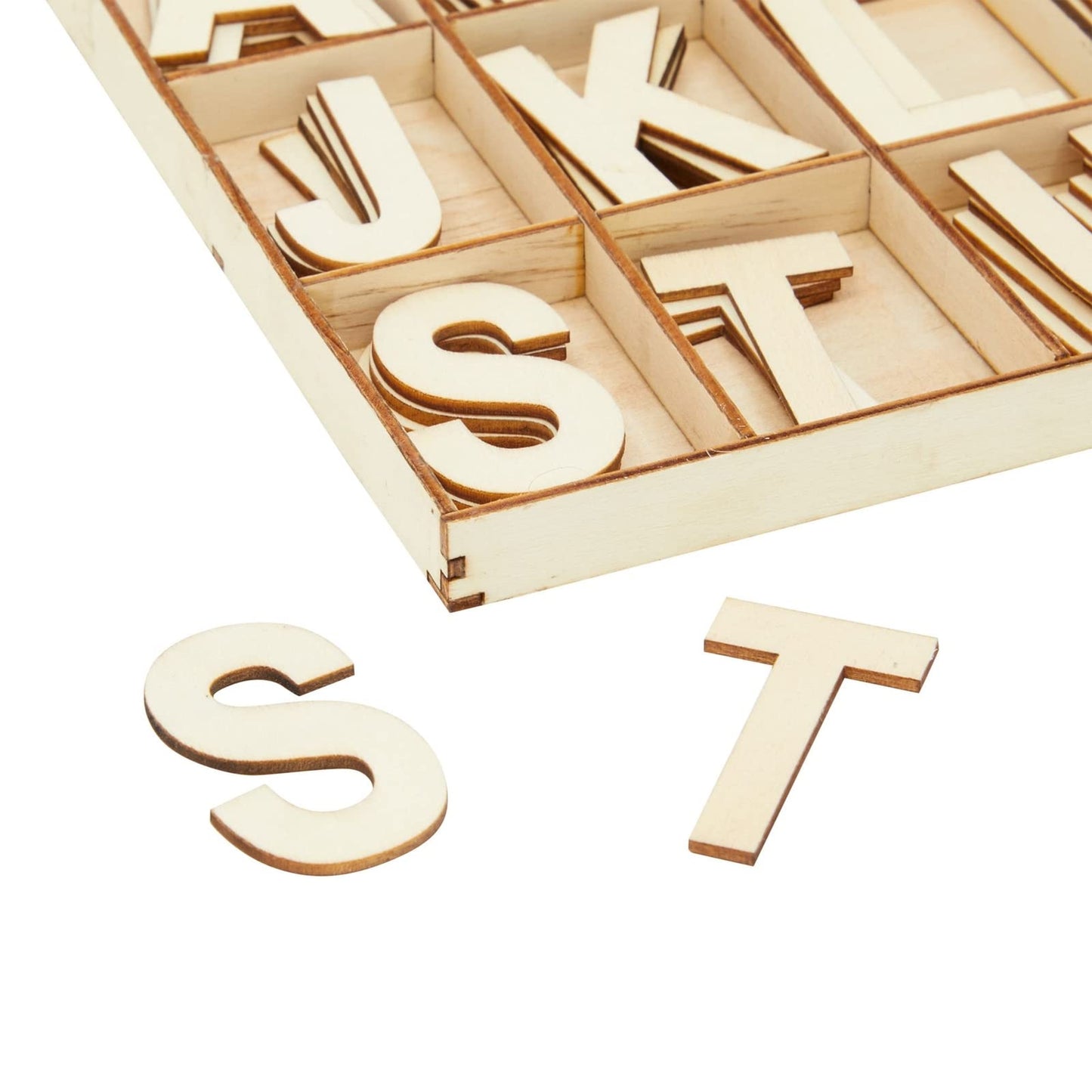 Juvale Wooden Letters for Crafts, Alphabet Set - 2-Inch Natural Wood, 104-Piece Uppercase Alphabet - 26-Compartment Sorting Tray - DIY Wood Letters for Painting & Decorating