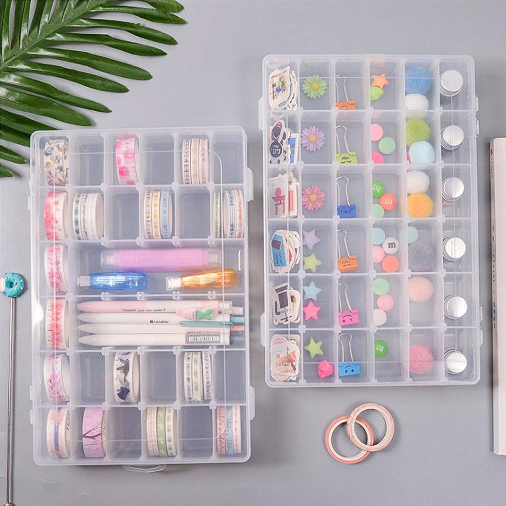 2 Pack Clear Bead Organizer Tackle Box with Adjustable Dividers for Jewelry Art Craft Containers 36 Grids Compartment with 5 Sheets Label Stickers