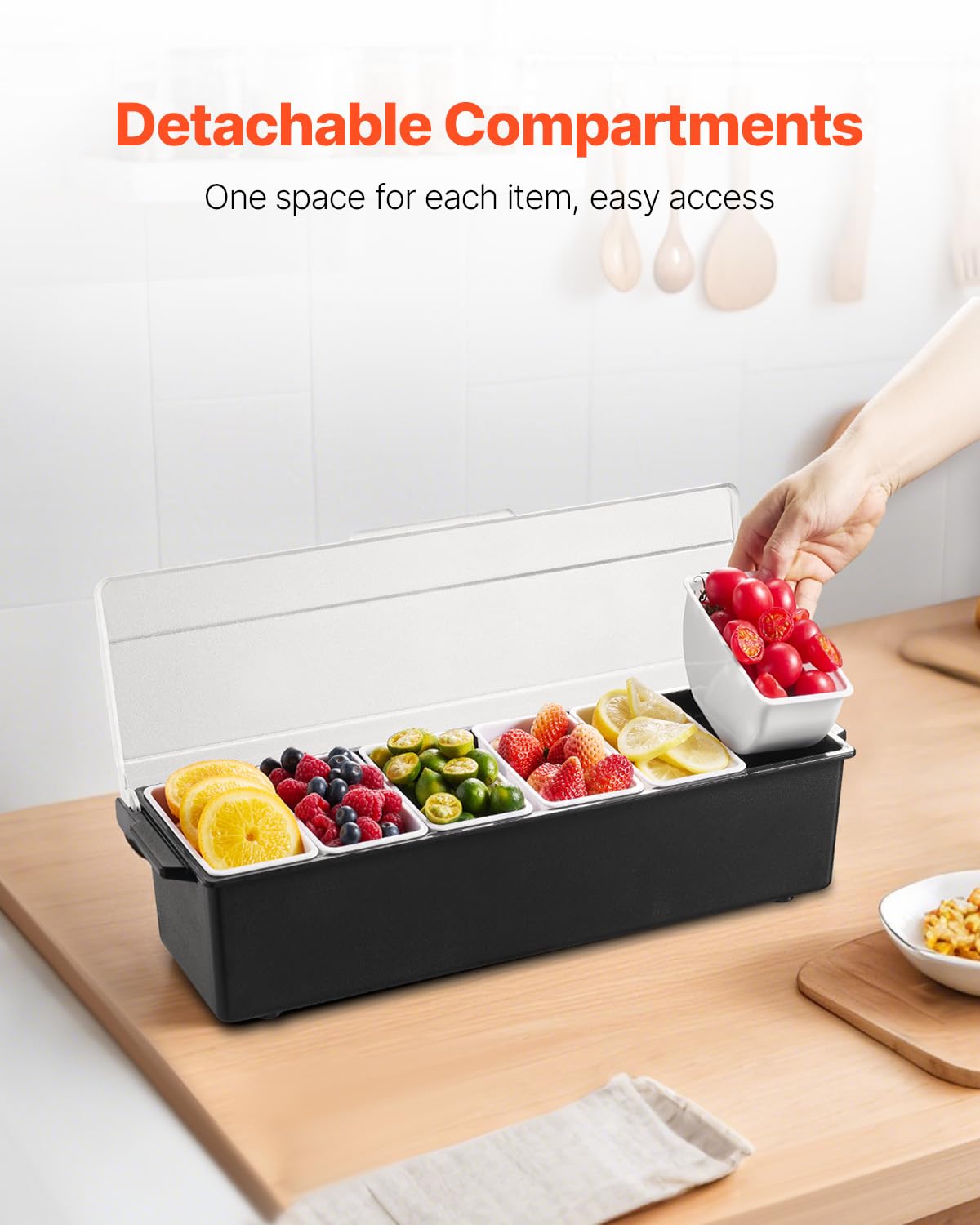 VEVOR Chilled Condiment Server, 6 Compartment Ice Cooled Condiment Serving Container, Chilled Garnish Tray Bar Caddy with Lid, for Bartending & Serving Taco, Salad, Fruit, Home & Restaurant Supplies