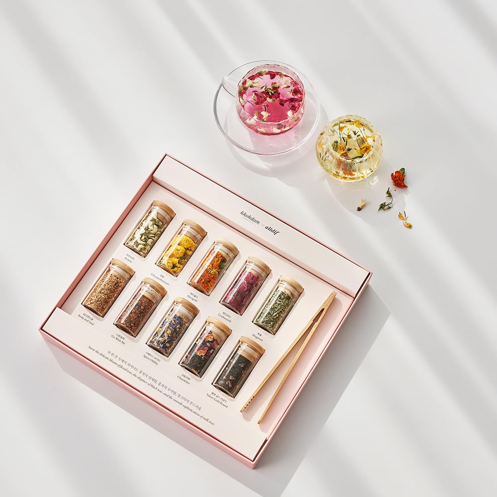 KKOKDAM Premium 10-Tea Sampler Gift Set with Wooden Tweezers – 5 Blooming Flower & 5 Blended Loose Leaf Teas – Unique Korean Gift Box for Women, Mom & Tea Lovers – 1.68oz Variety Pack
