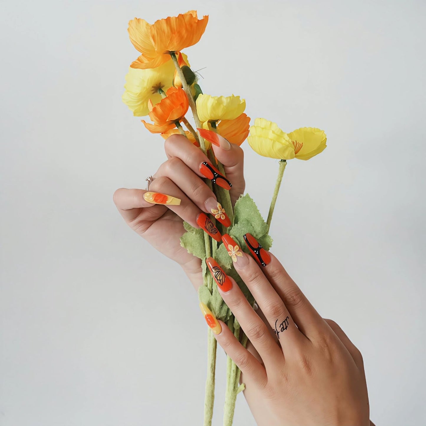 Tesytto Orange Press On Nails Long Coffin - 3D Flowers Hand-Painted Butterflies French Tip Yellow Floral Acrylic Nail for Women (Mango Sago,S)