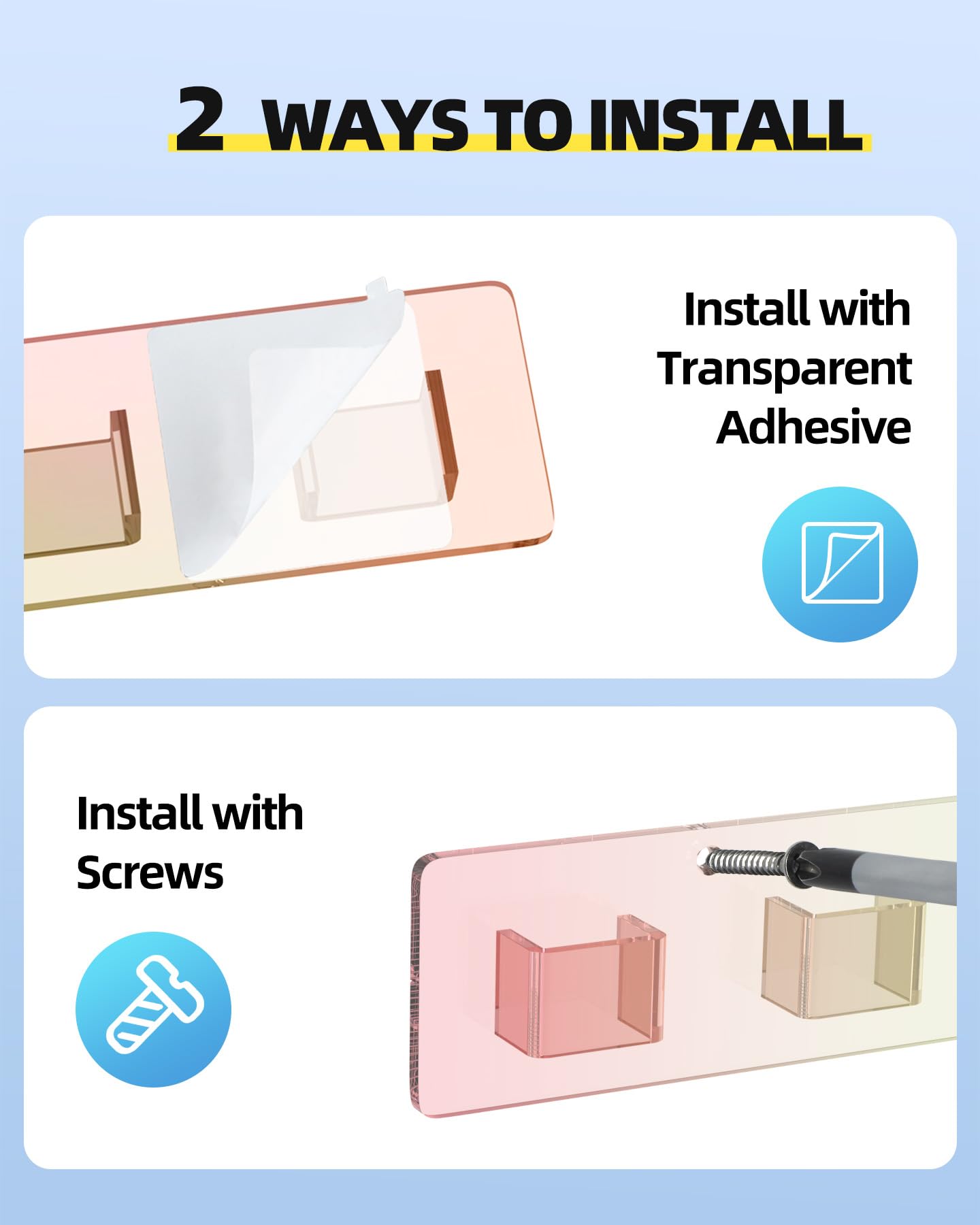 MaxGear Sunglasses Organizer Wall Mount, 2-Pack Acrylic Eyewear Display Holder with 14 Slots, Sunglasses Storage, Includes Adhesive Tape & Screws, Wall Mounted Shelf for Closet, Cabinet, Iridescent