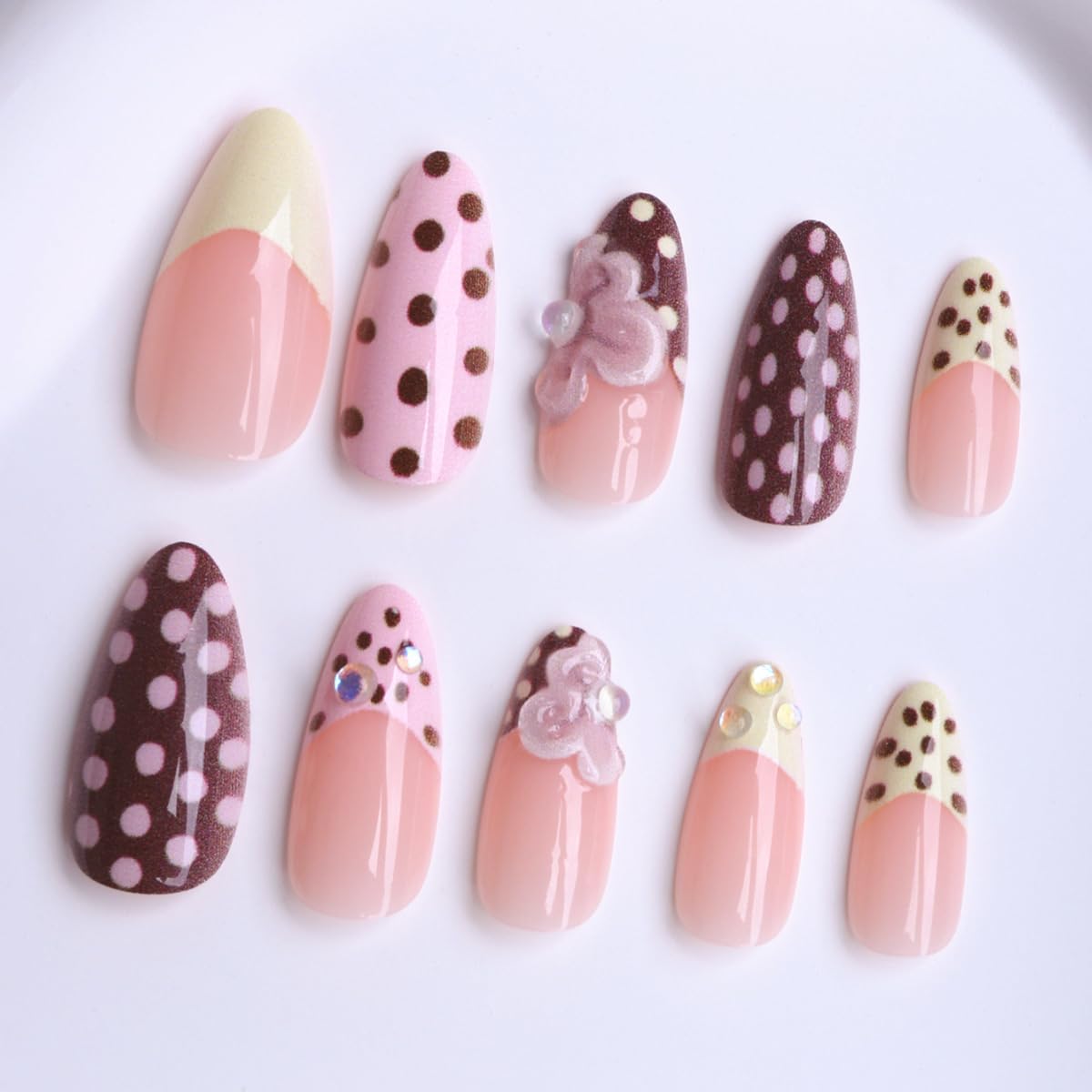 Polka Dot Press on Nails with Flower Accent,Medium Almond Fake Nails Spring Nails Press ons with Design,Reusable Artificial Nail Full Cover Glossy Glue on Nail Stick on Nails for Women Manicure 24Pcs