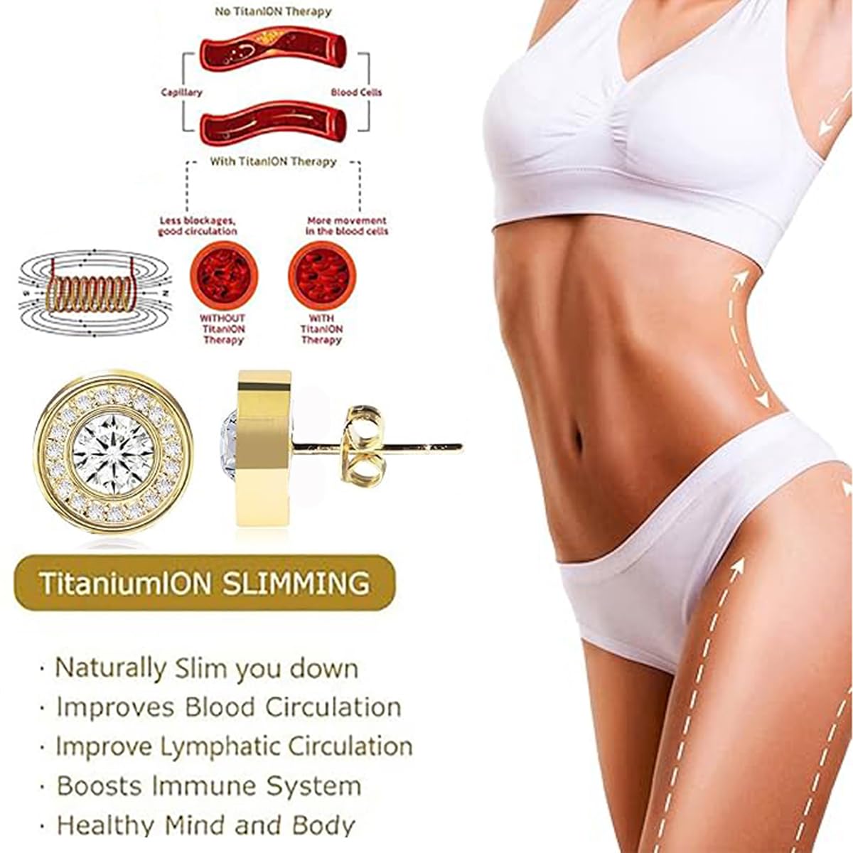Lymphatic Magnetology Earrings For Women, Halolux Lymphvity Germanium Drainage Therapy Infrared Bead Negative Ion Lymph Detox Earring Stud Earrings Round Rhinestone Jewelry Gift (gold)
