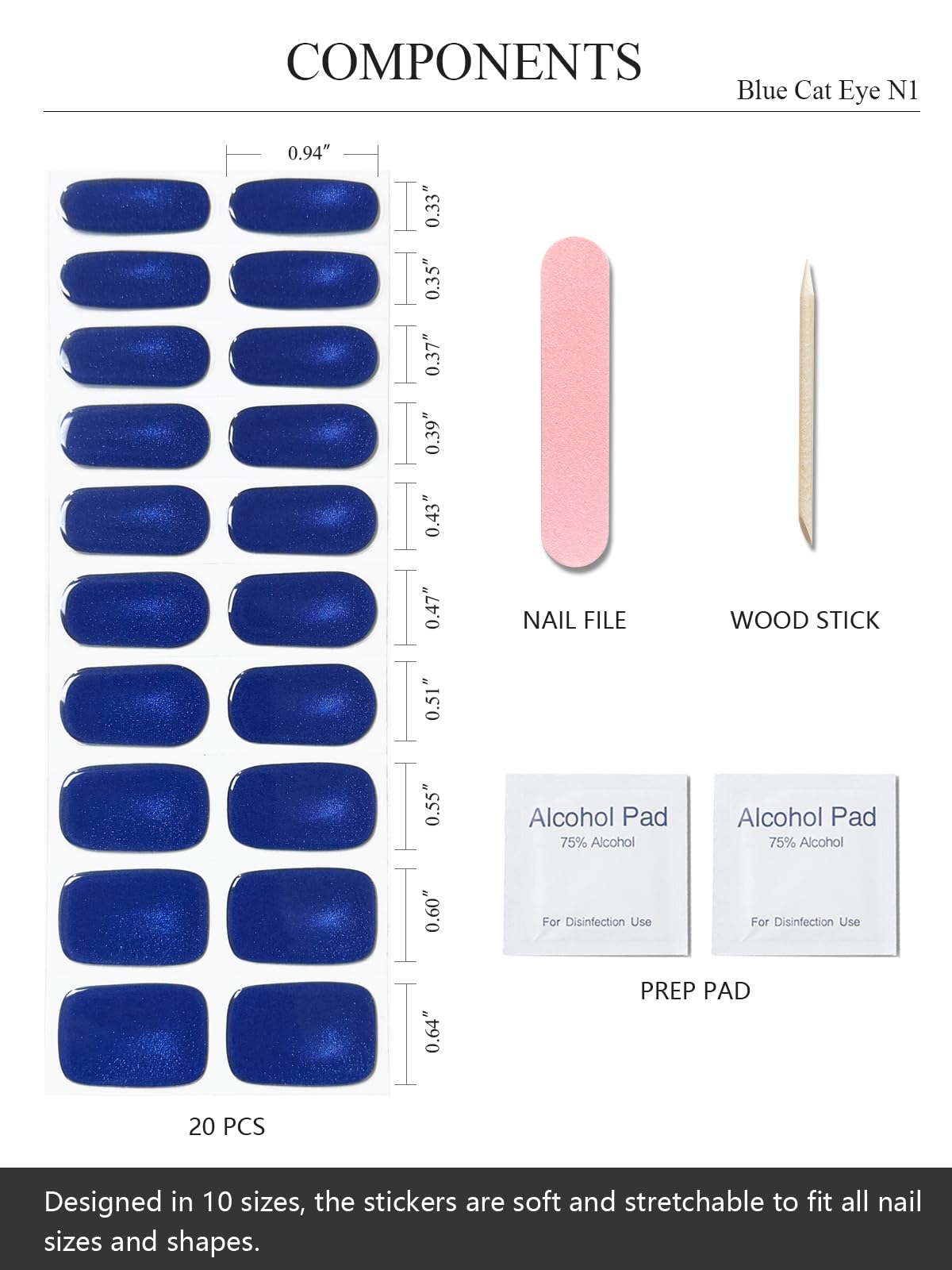AutyaMee Semi Cured Gel Nail Strips (Blue Cat Eye N1), 20 Pcs Gel Nail Wraps, Stickers, Salon Quality, Works with Any UV Lamps