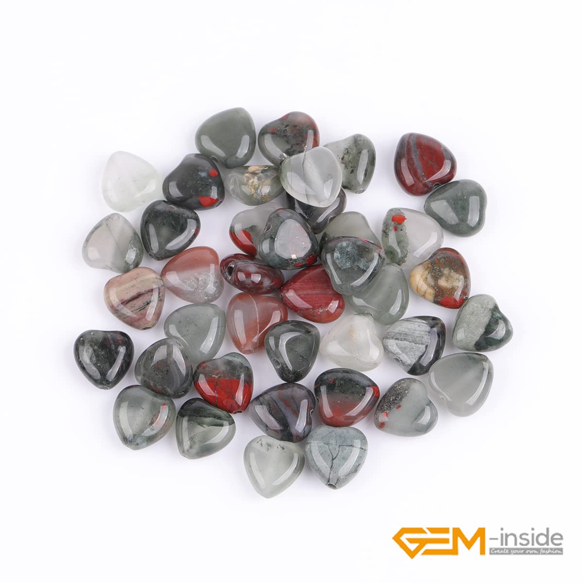 GEM-Inside 10mm Heart Charms Natural Africa Blood Stone Agate Gemstone Stone Beads for Jewelry Making Full 15" Strand Power Energy Healing Chakra Stone Beads
