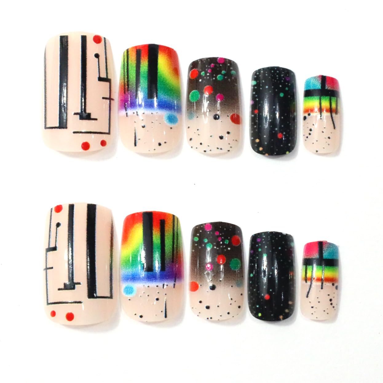 Rainbow Polka Dot Press on Nails Medium Square Fake Nails with Lines Dots Design Colorful Acrylic False Nail Glossy Full Cover Stick on Nail Reusable Artificial Summer Nails for Women 24Pcs