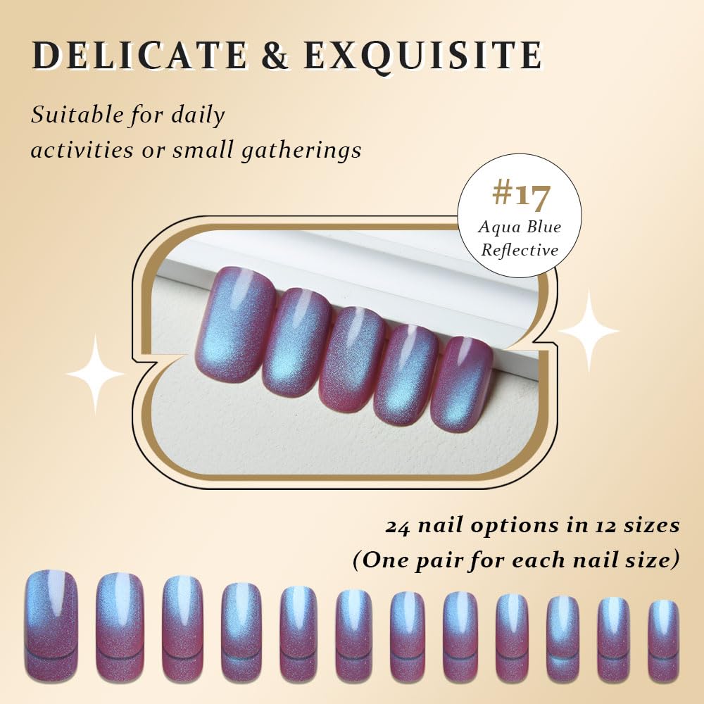 evpct Mauve Blue Reflective Metallic Cat Eye Press on Nails Medium Square No Glue, Stick on Nails Medium Square for Women, Mauve Metallic Nail press ons, Iridescent Glitter Acrylic Fake Press on Nail