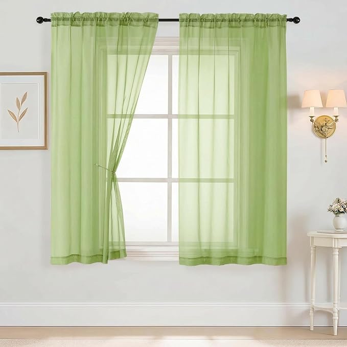 Sheer Curtains 63 Inch Length 2 Panels, Soft Voile Sheer Curtains for Christmas, Breathable Light Filtering Window Treatments, Dual Rod Pocket Panels, Lime, 2x42Wx63L Inches
