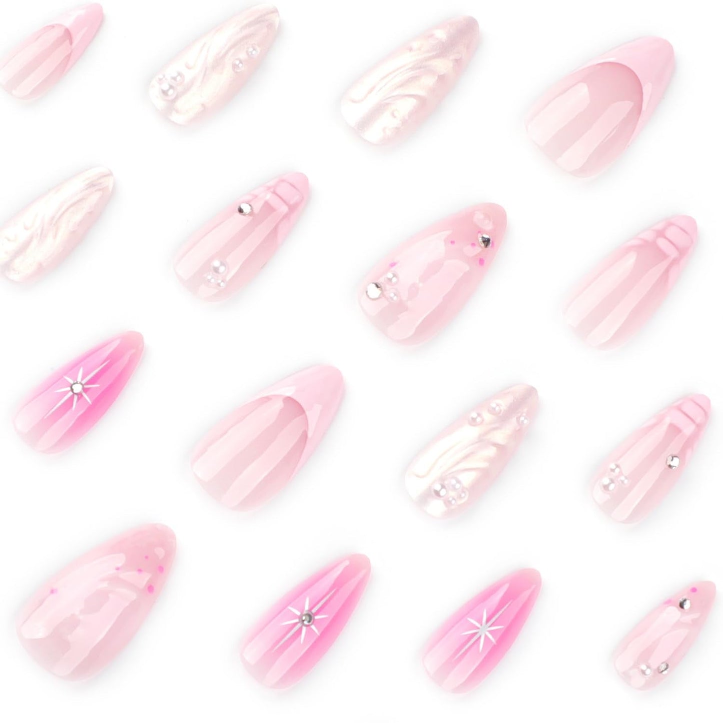 Pink Press on Nails Medium Almond Fake Nails 3D French Tip Water Ripple Artificial Glue on Nails with Rhinestone Pearl Charms Design Shiny Star False Nails Full Cover Stick on Nails for Women 24Pcs