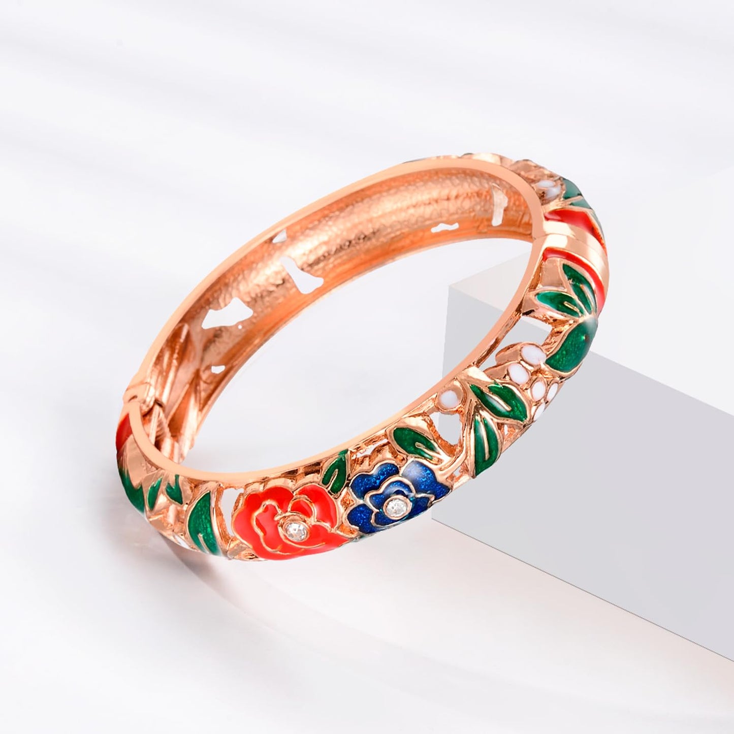 UJOY Handmade Enamel Bracelets Hollowed Filigree Golden Open Spring Hinge Cuff Crystals Bangles Jewelry for Women 88A10-55B31 red Blue