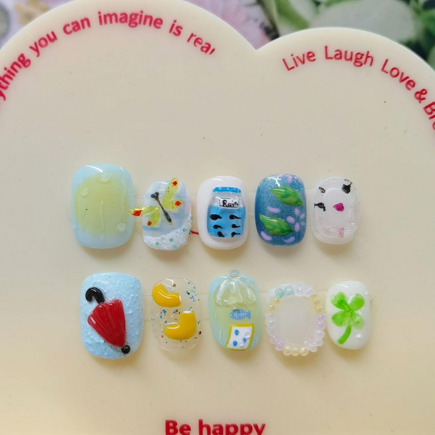 Cute Handmade Press on Nails Extra Short Square 3D Unique Reusable ABS Material Fake Nails Luxury Dragonfly False Nails with Designs Umbrella Shamrock Art Glossy Glue on Nails Thick Acrylic Nails(S)