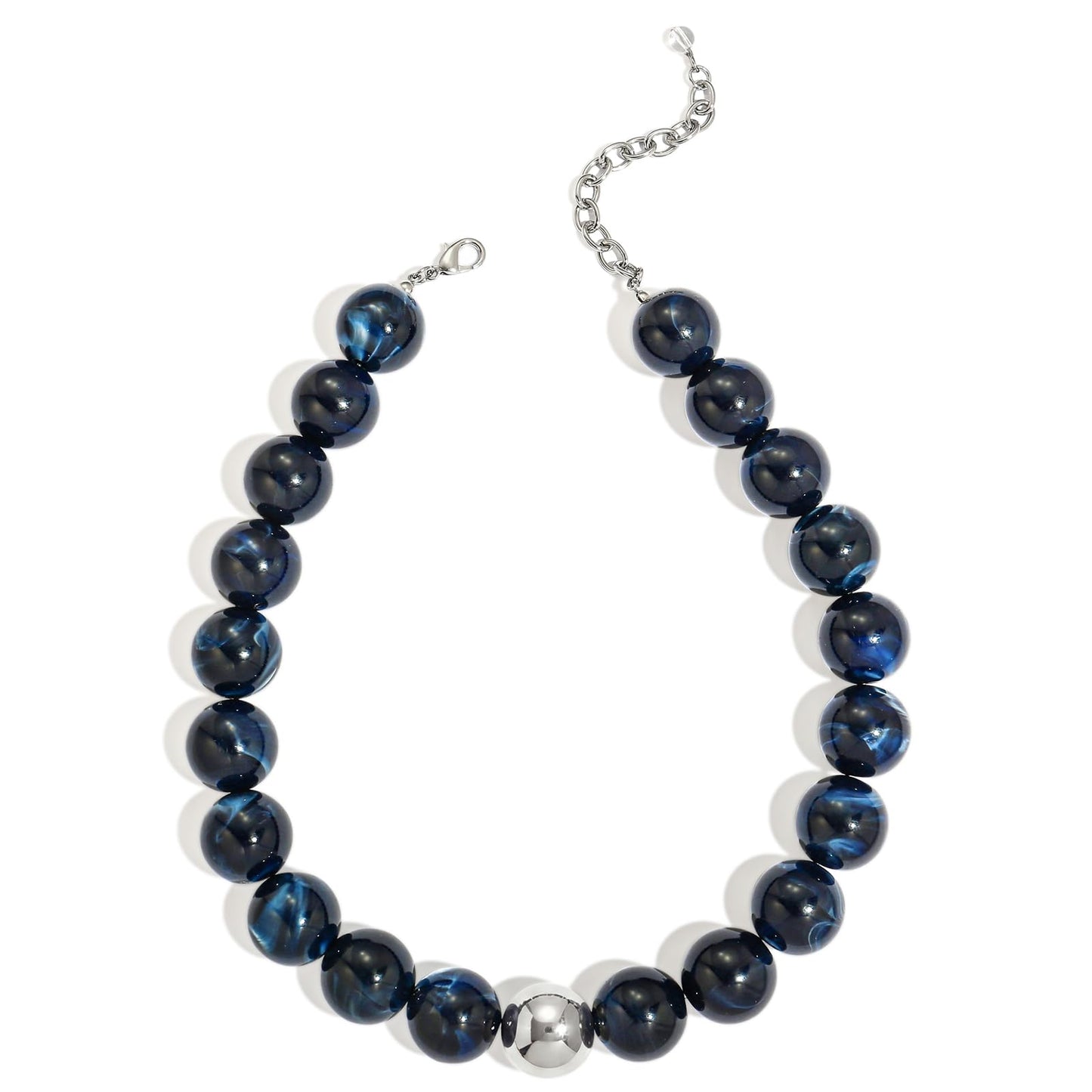 FAUTHENTICUTE Chunky Blue Beaded Choker Necklace for Women Large Montana Blue Round Bead Strand With Silver Accent Boho Bead Collar Statement Necklace Trendy Beach Summer Jewelry Gifts