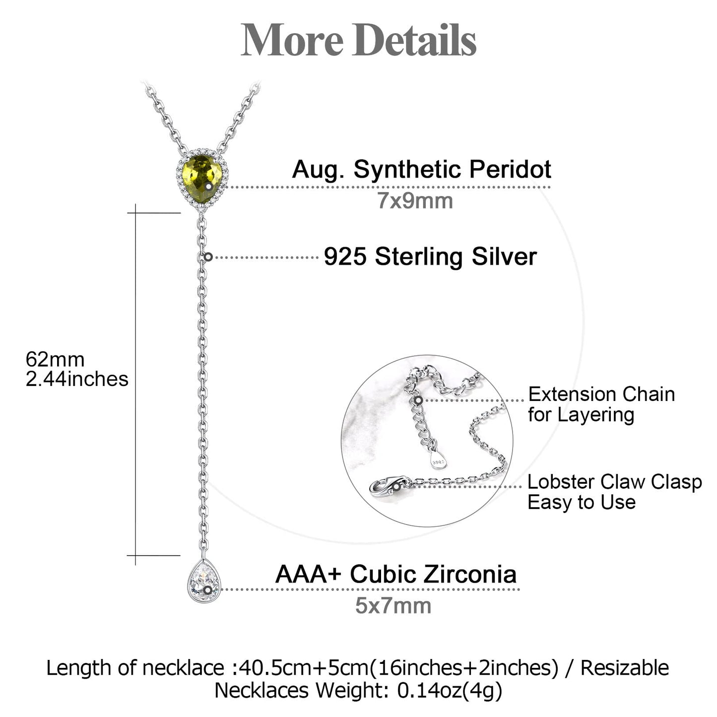 FOCALOOK 925 Sterling Silver CZ Teardrop Lariat Necklace 16"-18" Y Drop Adjustable Birthstone Necklaces for Women
