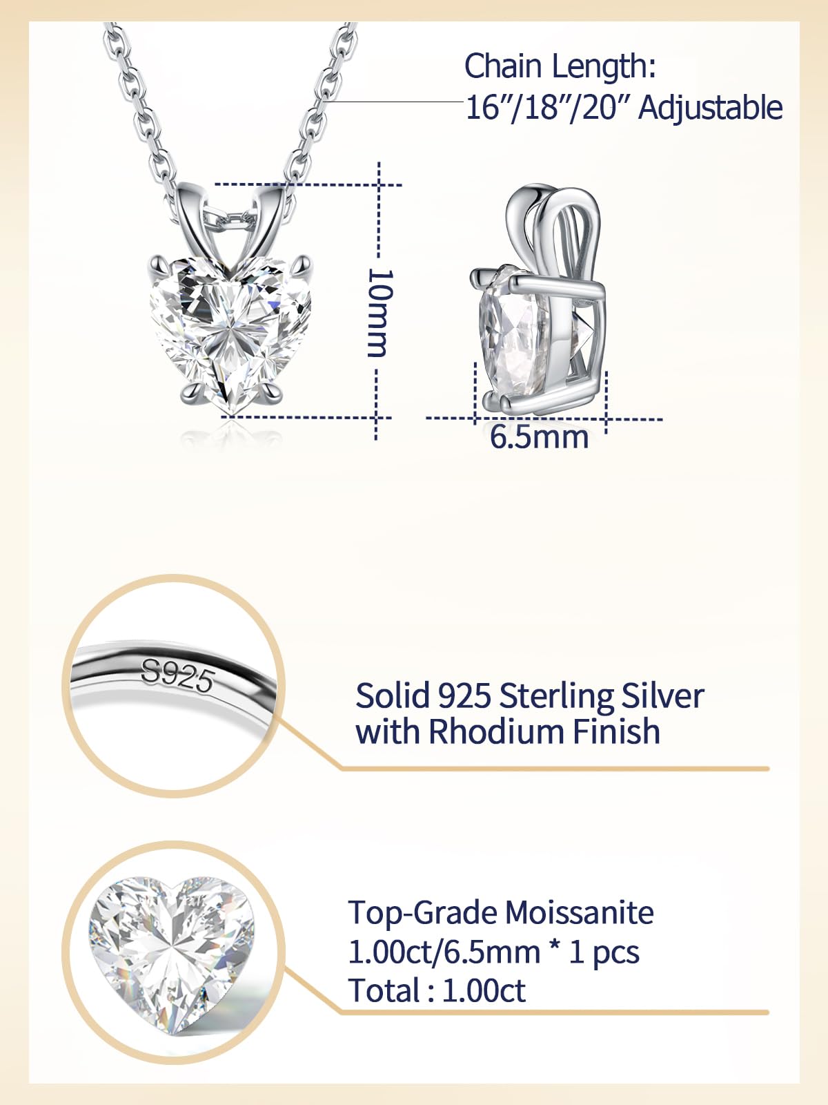 CYW Womens Small Moissanite Simple Heart Necklace 925 Sterling Silver Imitation Diamond Solitaire Pendant Necklace