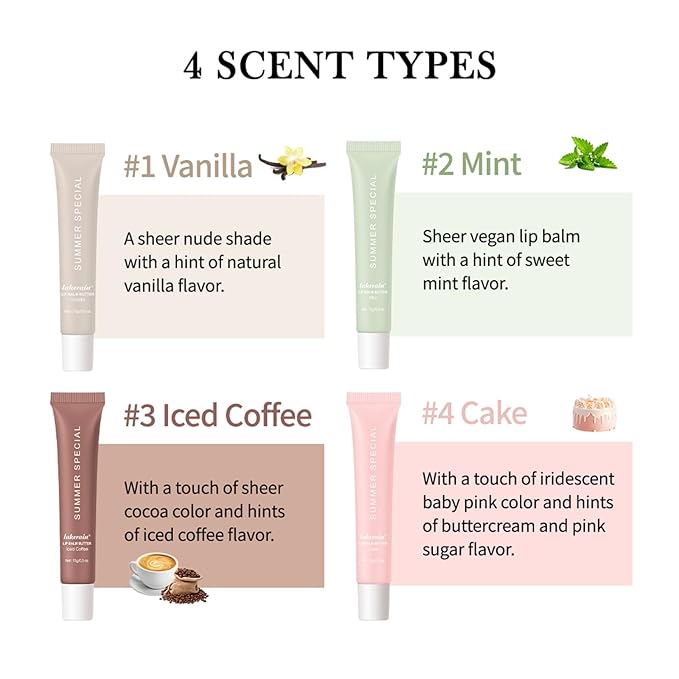 URQT 4PCS Summer Special Lip Butter Balm, Hydrating, Nourishing & Softening Lip Care with Natural Oils & Fruit Extracts, Long-Lasting Moisture, Non-Sticky Shine, Soften Dry Lips Lip Care (4PCS, 4)