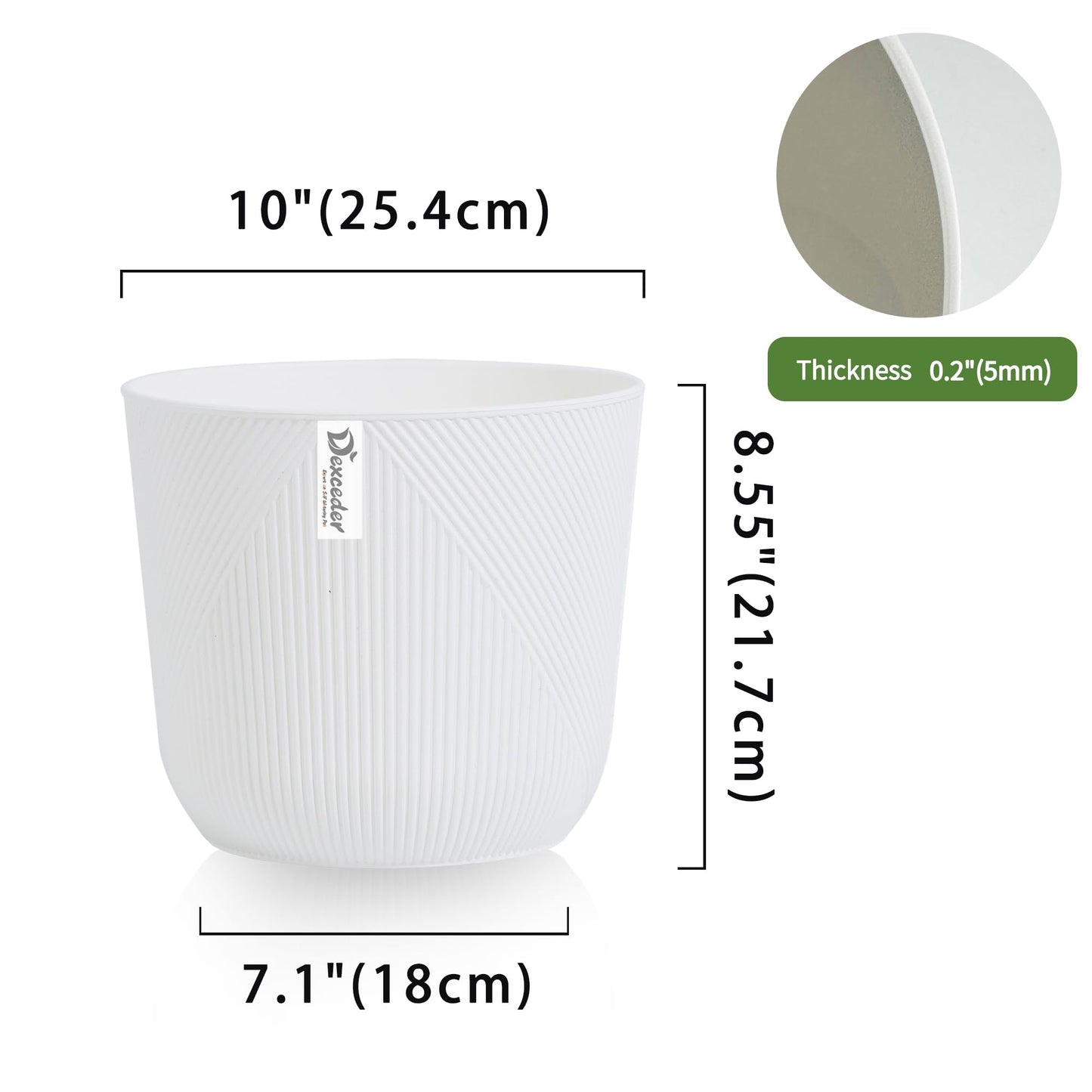 Dexceder 10x9 Striped Table Flower Plant Pot with Drainage Hole & Removable Plug (2 Pack, White)