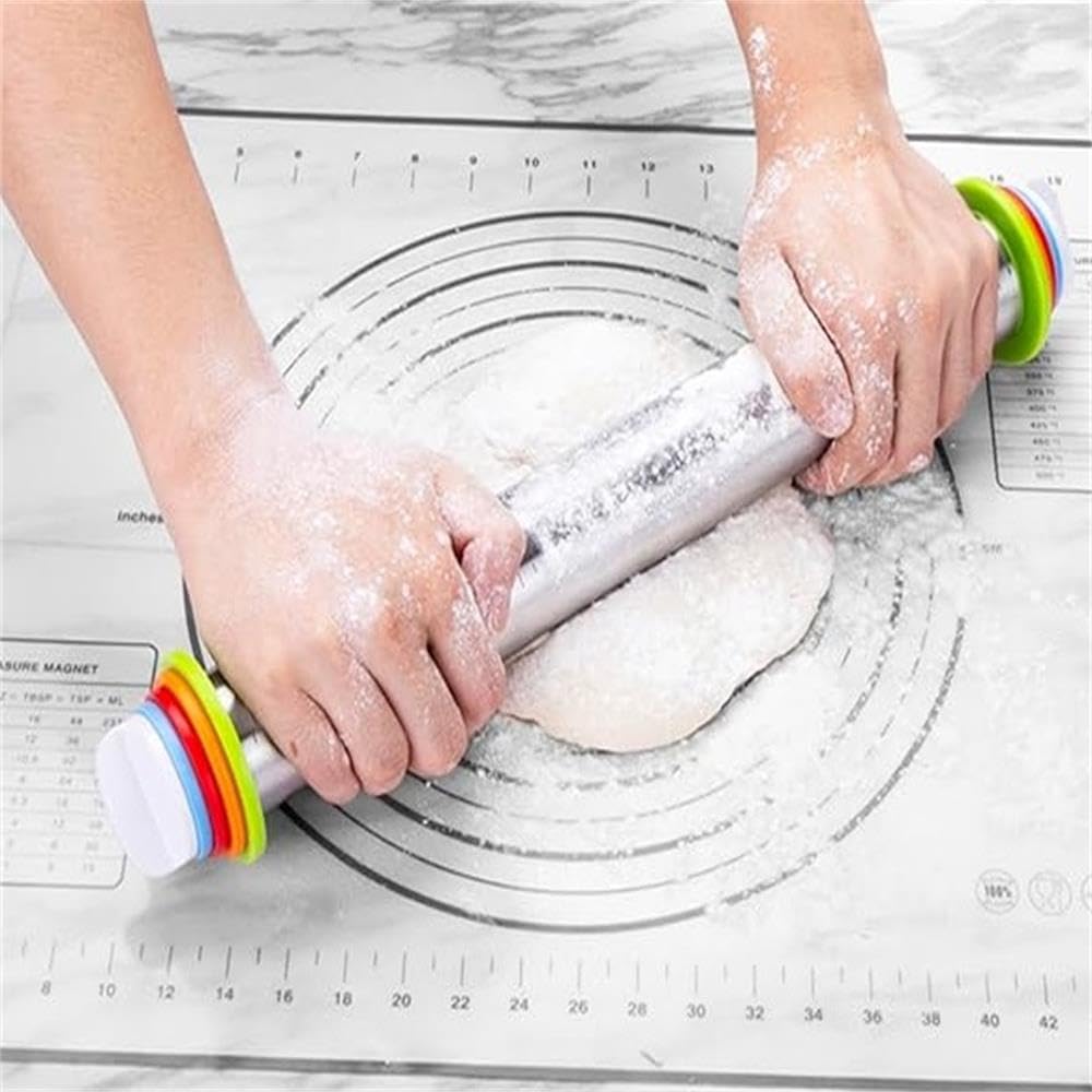 Rolling Pin nonstick and Silicone Baking Pastry Mat combo kit, Adjustable Rolling Pin With Thickness Ringsfor Baking Fondant, Pizza, Pie, Pastry, Pasta, Dough, Cookies (black)