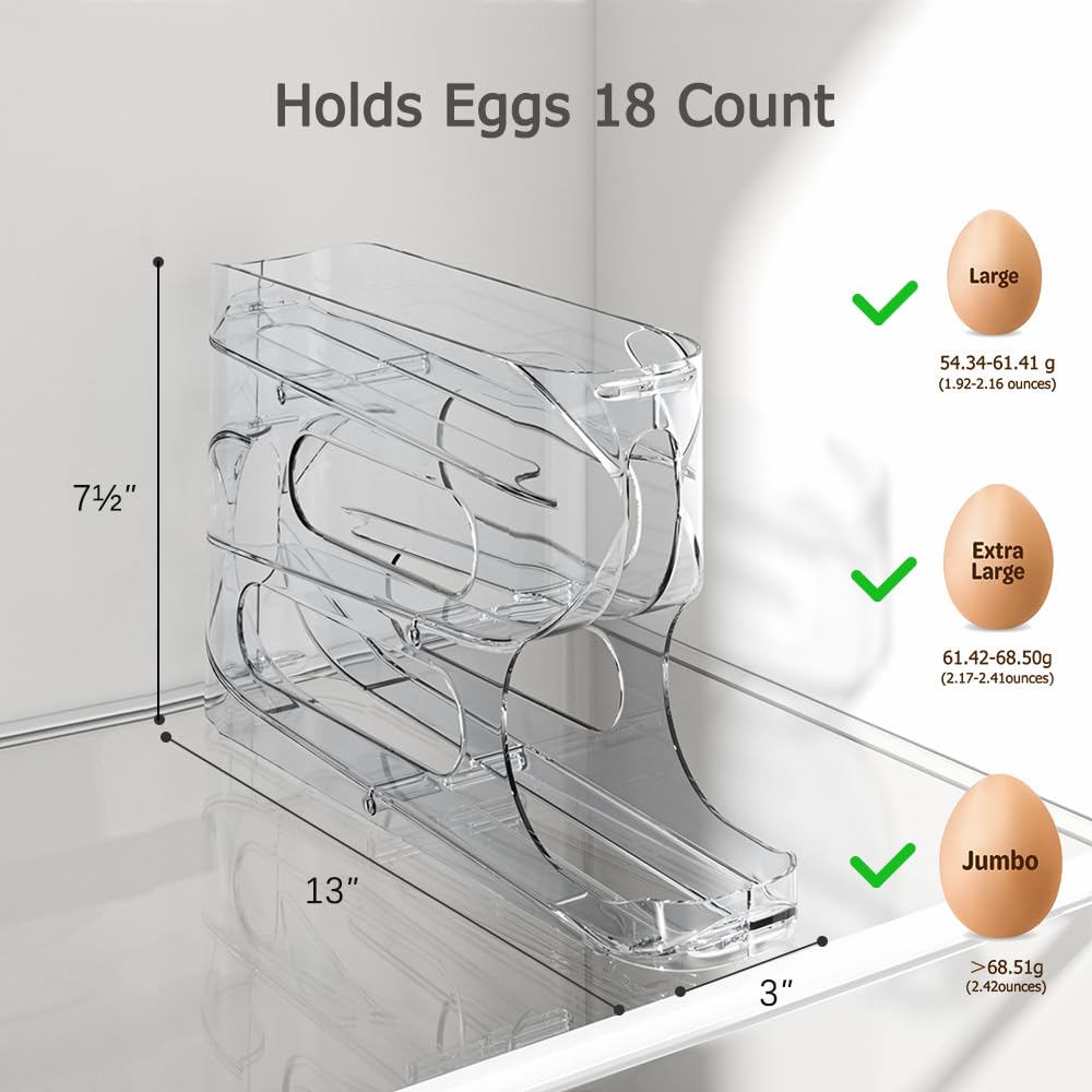 Sotfamily Clear Egg Holder for Fridge, Auto Rolling Egg Dispenser for Eggs 18 Count, FIFO Design, Space-Saving Egg Roller, Organizer, Container, Storage for Refrigerator & Kitchen Countertop(1 Pack)