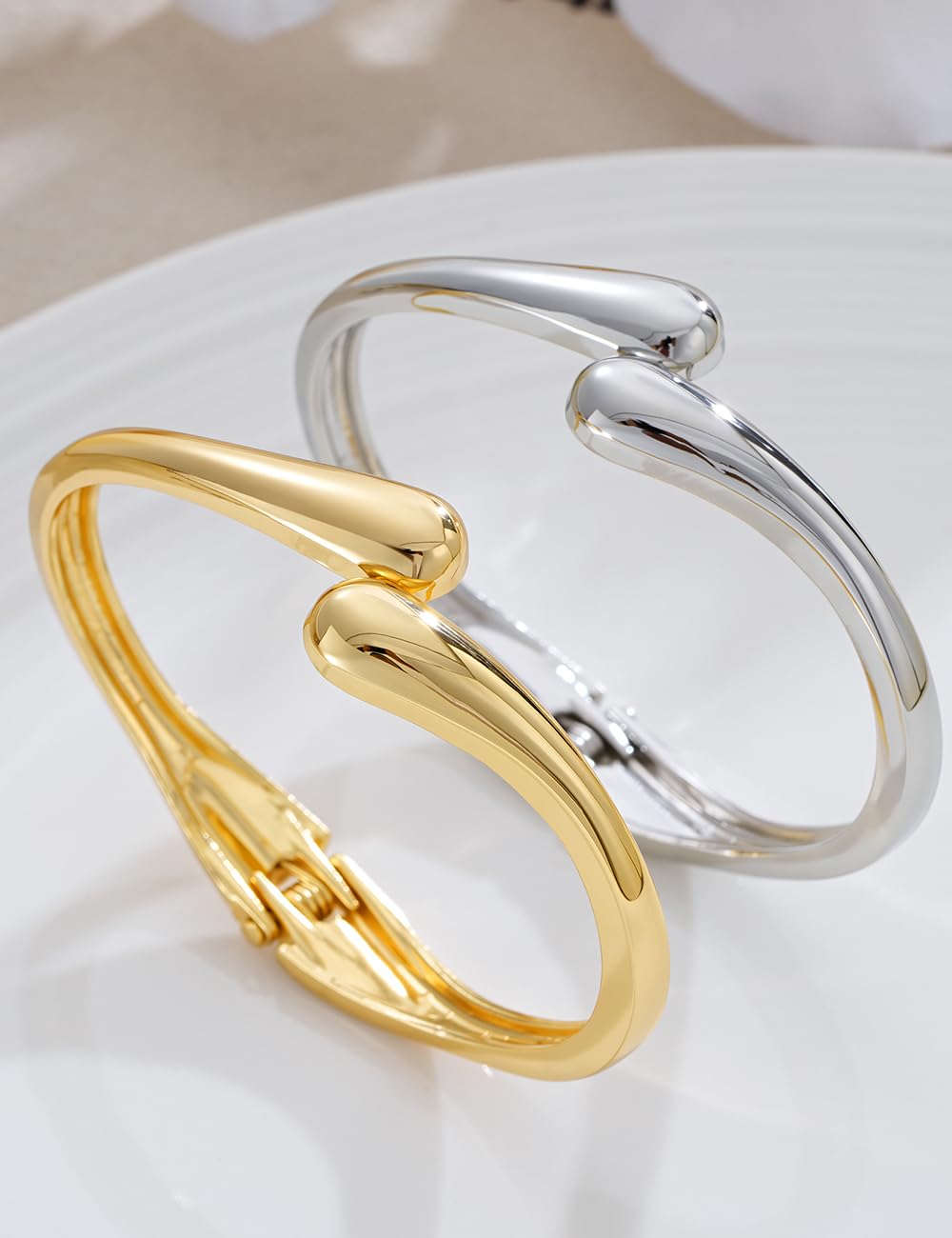 Chunky Gold Bangle Bracelets for Women, Dainty 14k Gold Plated Silver Stackable Bangles Set, Trendy Statement Cuff Bracelet Stack Trendy Jewelry Gifts