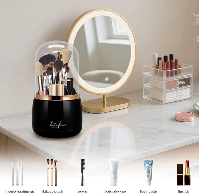 Toothbrush Holders with Cover,Dustproof 360 Rotating 7 Slots Toothpaste Holder for Bathroom Organizer Countertop,Makeup Brushes Organizer,Bathroom Accessories (Black)