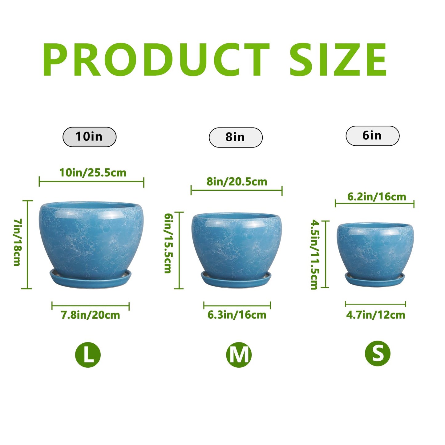 EPFamily Ceramic Plant Pots - 10+8+6 Inch Modern Round Planters for Indoor Outdoor with Drainage Holes and Plant Saucers, Room Patio House Office Decor, Gardening Gifts for Women Men, Set of 3, Blue