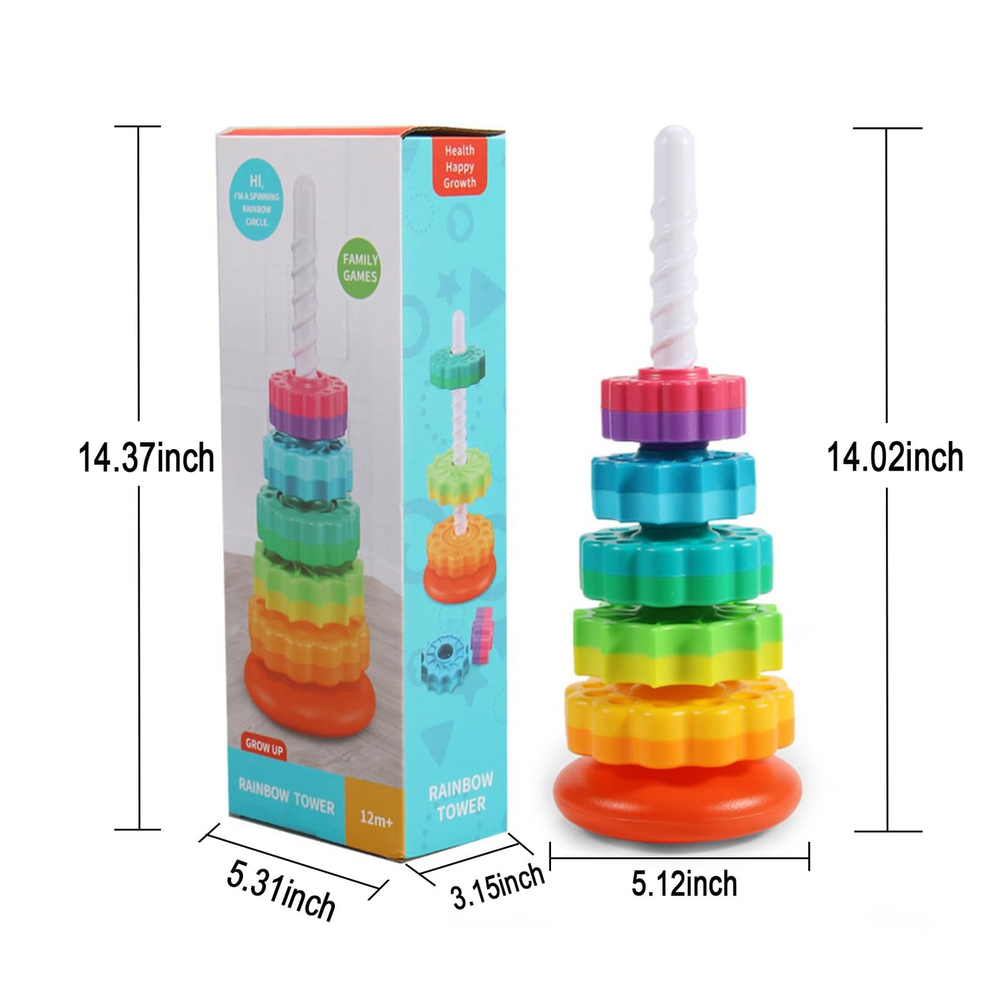 Baby Spinning Stacking Toys, Spin ABS Plastic and Color Rainbow Design Ring Stacker Baby Toys 6 to 12 Months Montessori Educational Learning Autism Sensory for Boys and Girls
