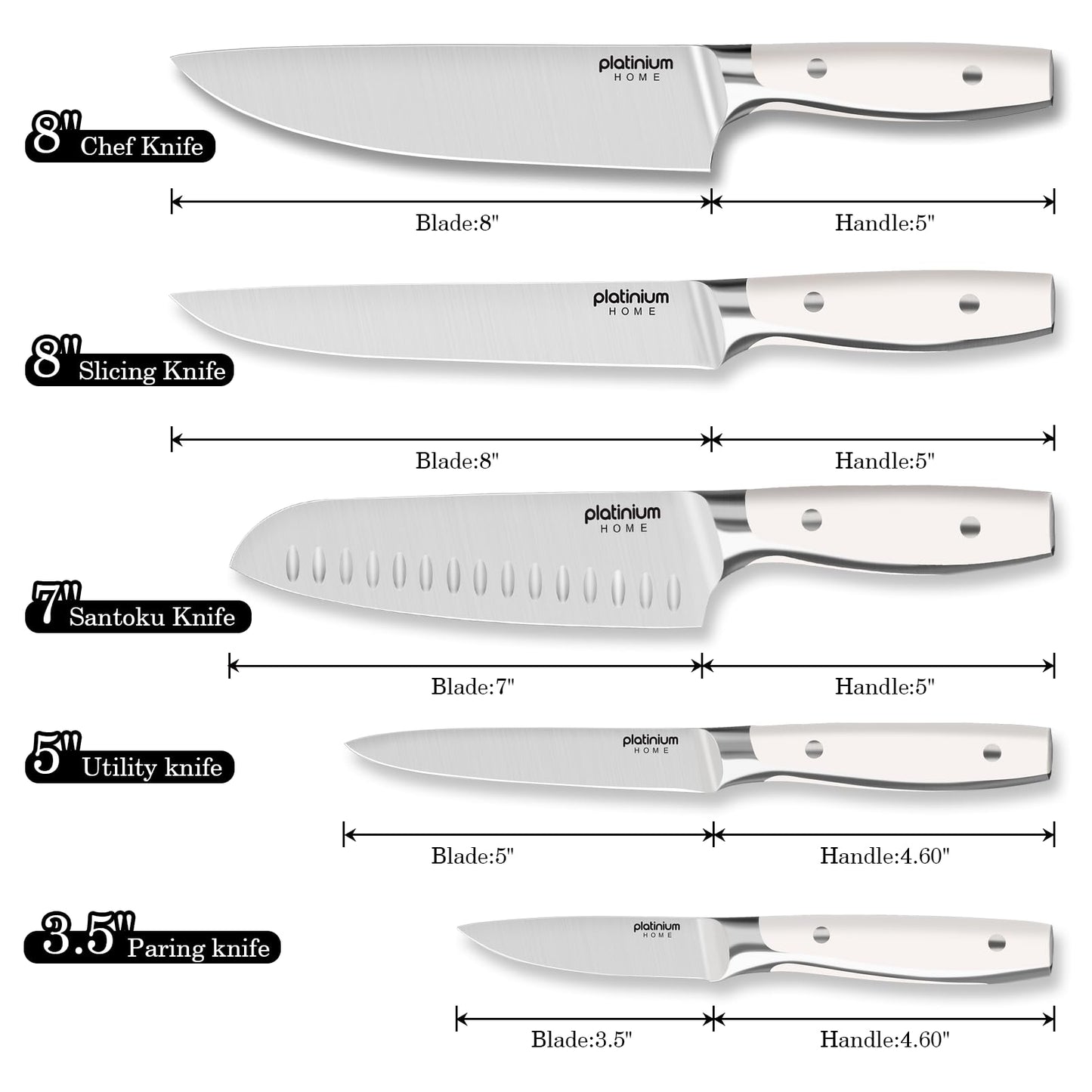 Kitchen Knife Set of 5,Professional Chef knife High Carbon Stainless Steel White Chefs Knives for Home Cooking, Includes Chef, Santoku, Boning, Utility, Peeling Knives with Gift Box