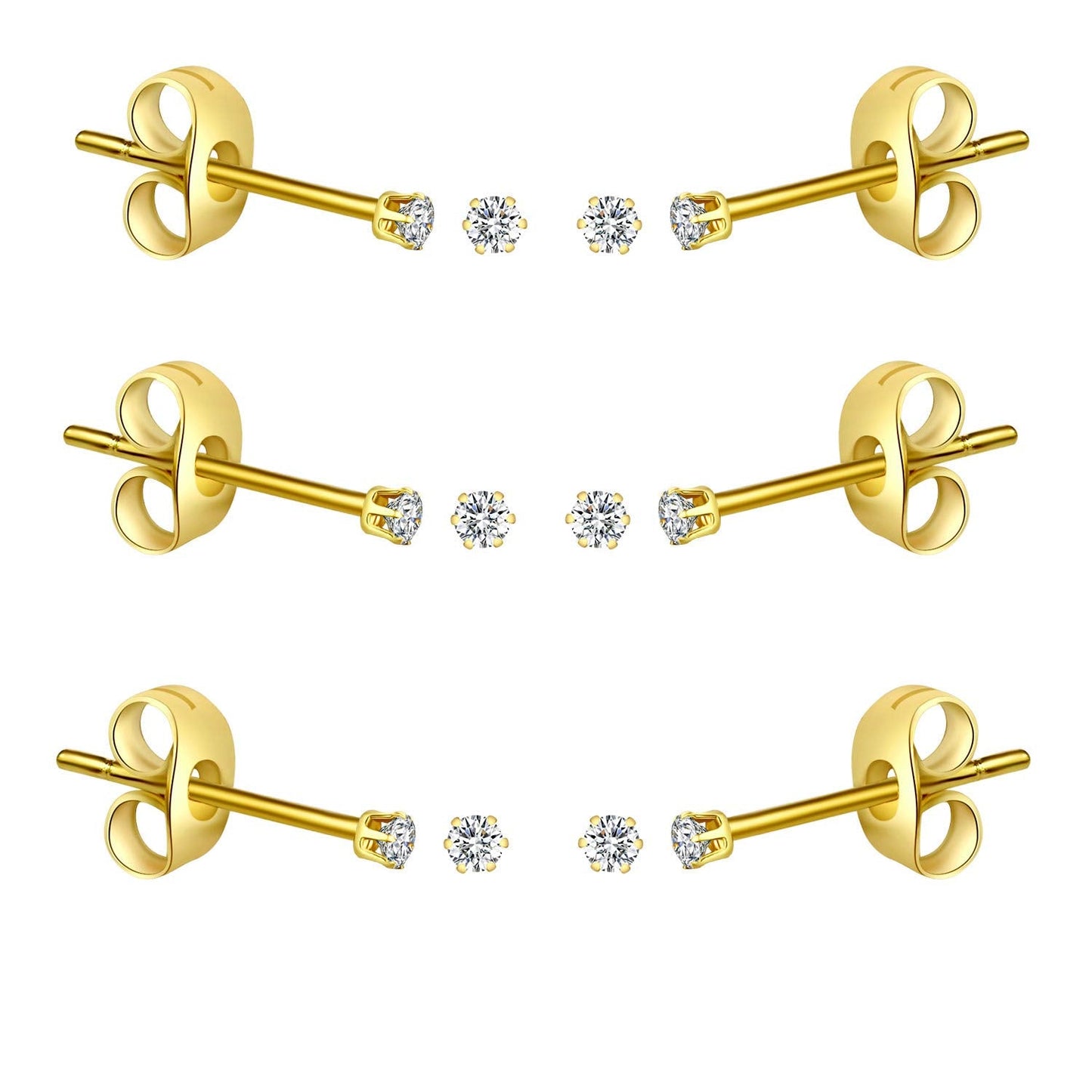 FOSIR 6 Pairs 2mm Tiny Women's 14K Gold Plated Stainless Steel Clear Cubic Zirconia Stud Earrings, 2mm CZ