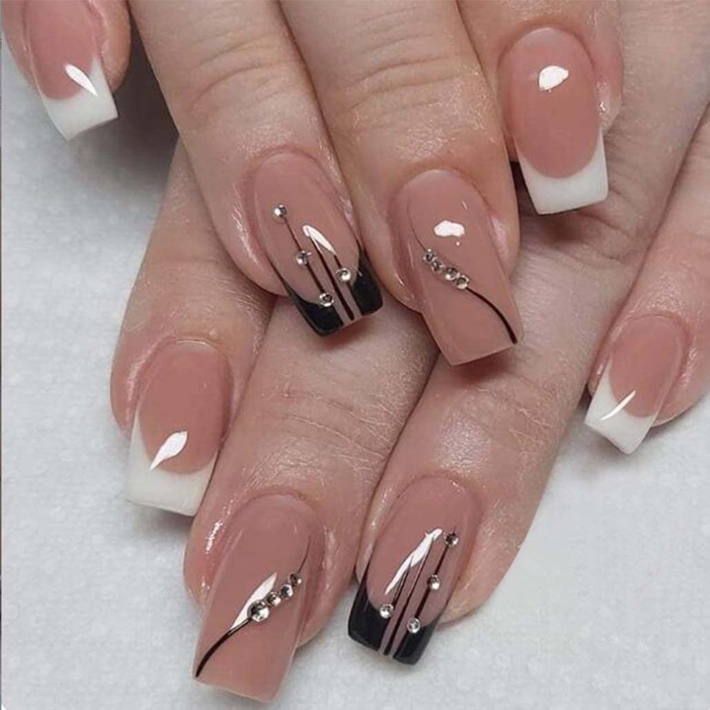 Foccna Square Press on Nails Rhinestone Black Fake Nails Tips Women's French False Nails White Medium Glossy Daily Wear Artificail Nails for Nail Art Manicure Decoration 24pcs