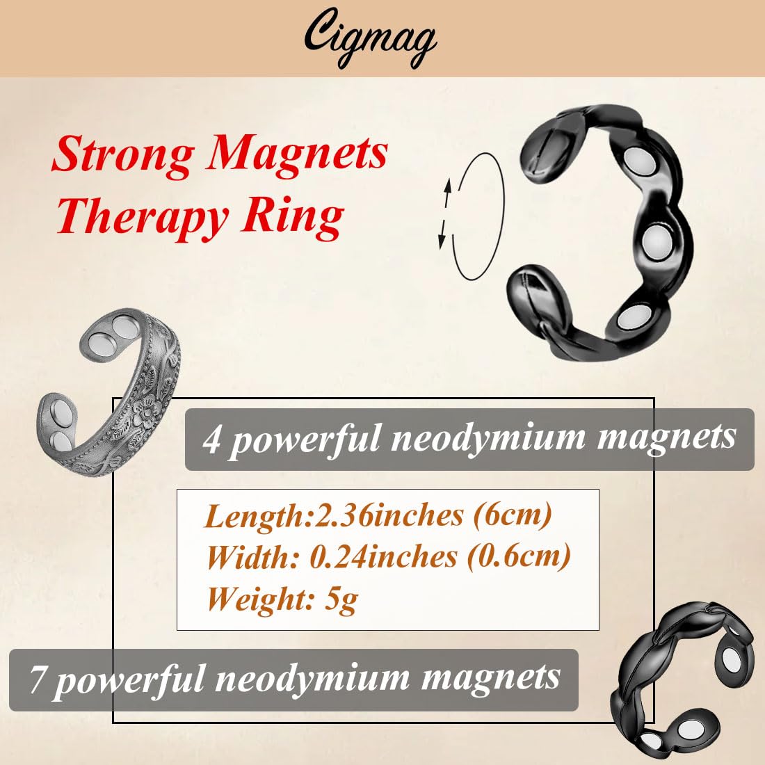 Cigmag 7X Copper Rings for Women 99% Solid Pure Copper Ring Adjustable with Present Box (2PCS Black)