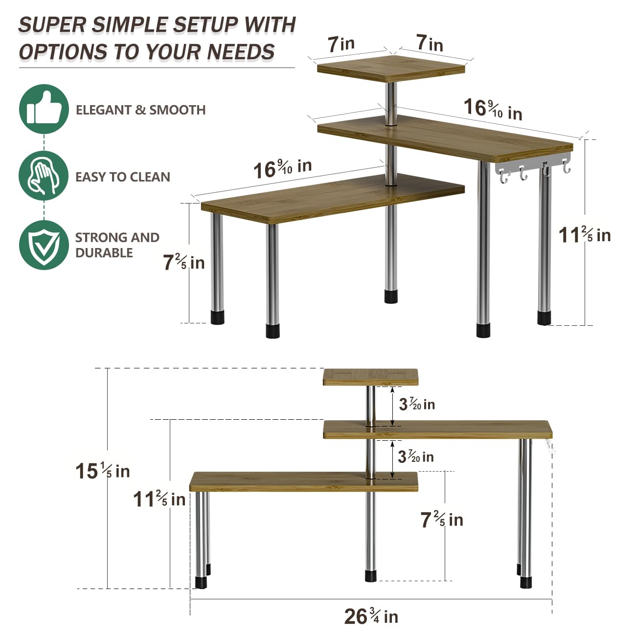 ZHWS Kitchen Corner Shelf Countertop Organizer - 3 Tier Bamboo & Metal Kitchen Organization Plant Stand Living Room Office, Spice Rack On Counter Shelves, Antique