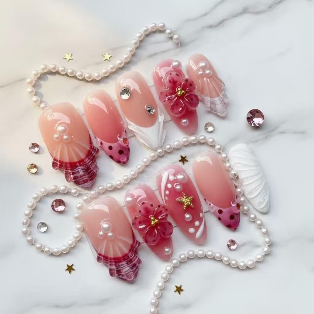 MikaJayboo Medium Almond Handmade Press on Nails Pink Summer Fake Nails with 3D Flower Shell Starfish Pearl for Women Glue on Nails for Daily Vacation 10Pcs(Size M)