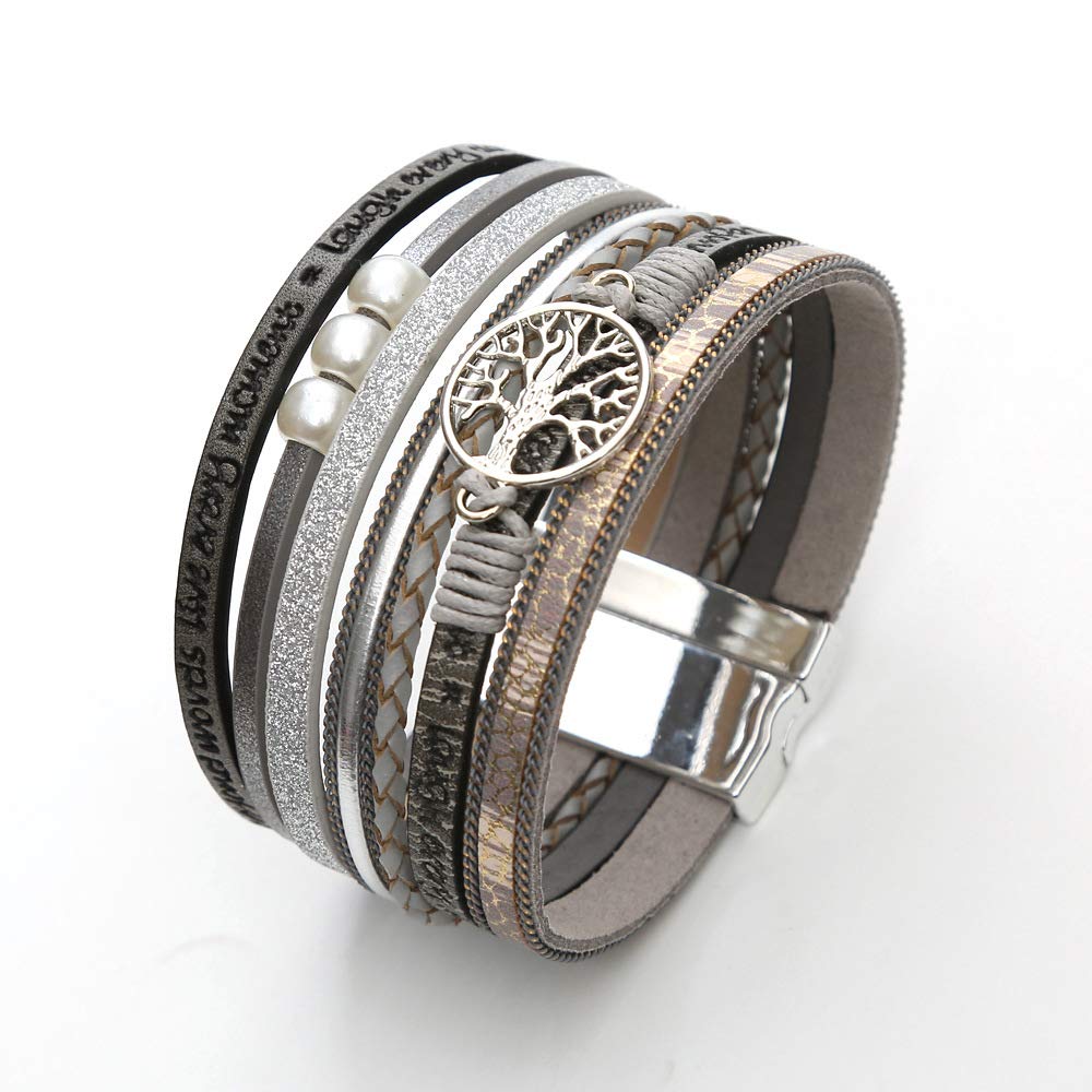 Fesciory Leopard Bracelet for Women, Boho Leather Wrap Multi-Layer Pearl Crystal Bracelet Bangle Jewelry(Tree of Life(Grey))