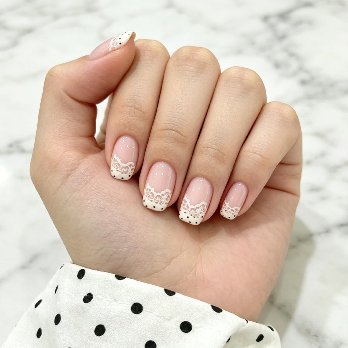 Short Square Press on Nails French Tip Fake Nails Polka Dot False Nails Nude Pink Glue on Nails Cute Lace Acrylic Nails Beige Stick on Nails for Women Manicure 24Pcs