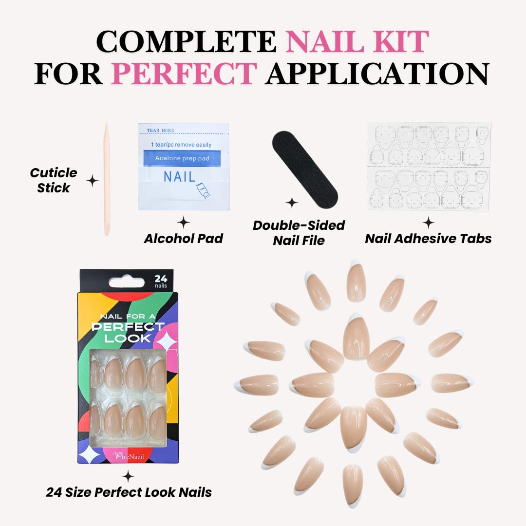 PerfectLook Press On Nails - Silk Glow | No Glue Short Almond French Tip Nails with Gold Line, Nude Glossy Nails - 24 Pcs Nail Kit with Adhesive Tabs