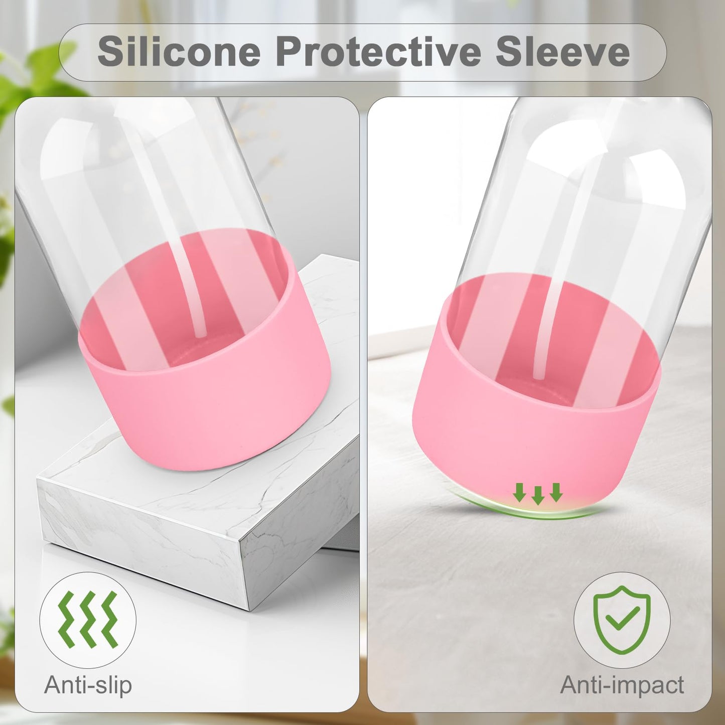 Worldgsb 2 Pack Glass Spray Bottles with Silicone Sleeve, 16 oz Empty Refillable Containers with Adjustable Spray Nozzles, Spray Bottles for Hair, Cleaning Solutions and Plants Pink