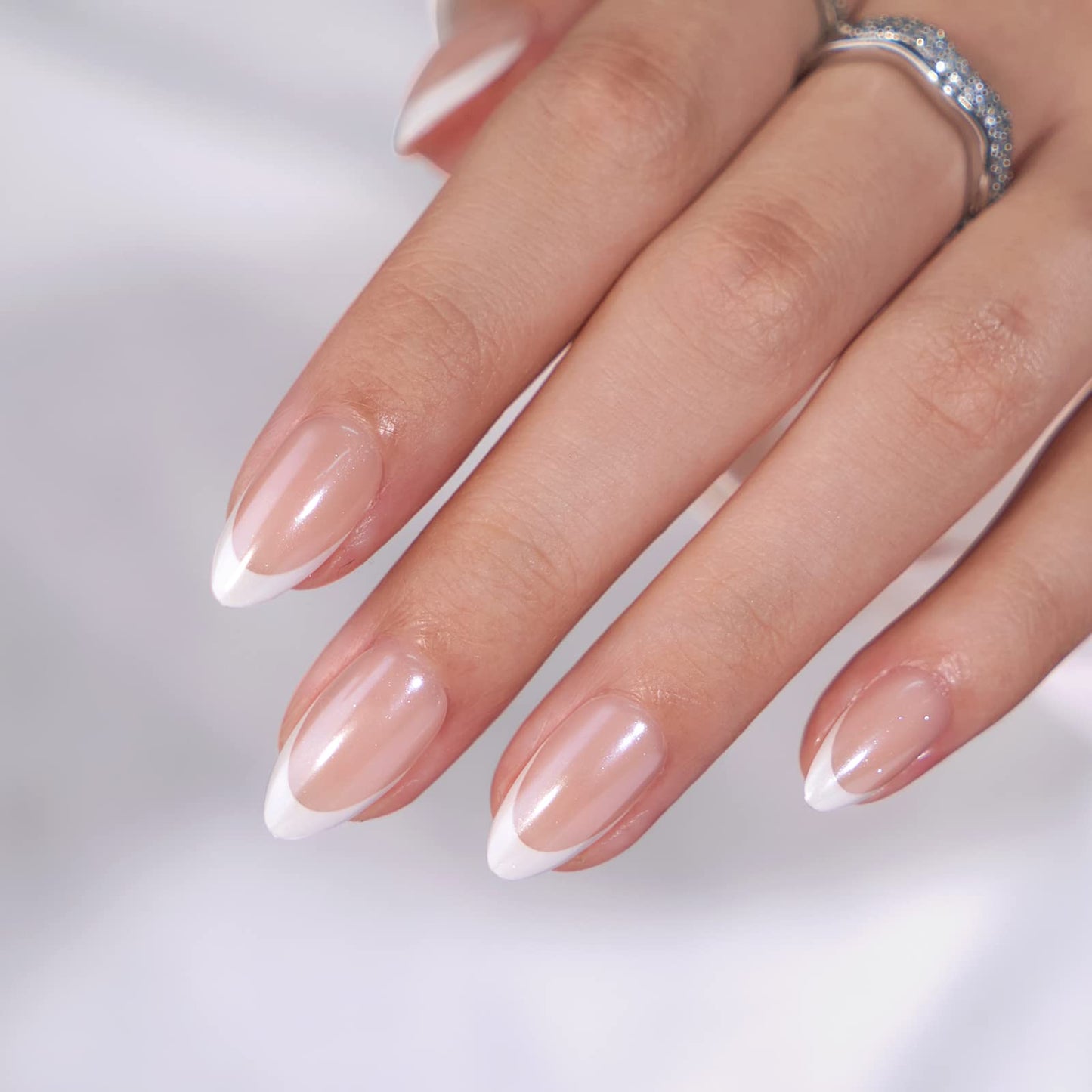 BTArtbox French Tip Press On Nails Almond - Press on Nails Short, Supremely Fit & Natural Glue On Nails, Classic & Dazzling Pink