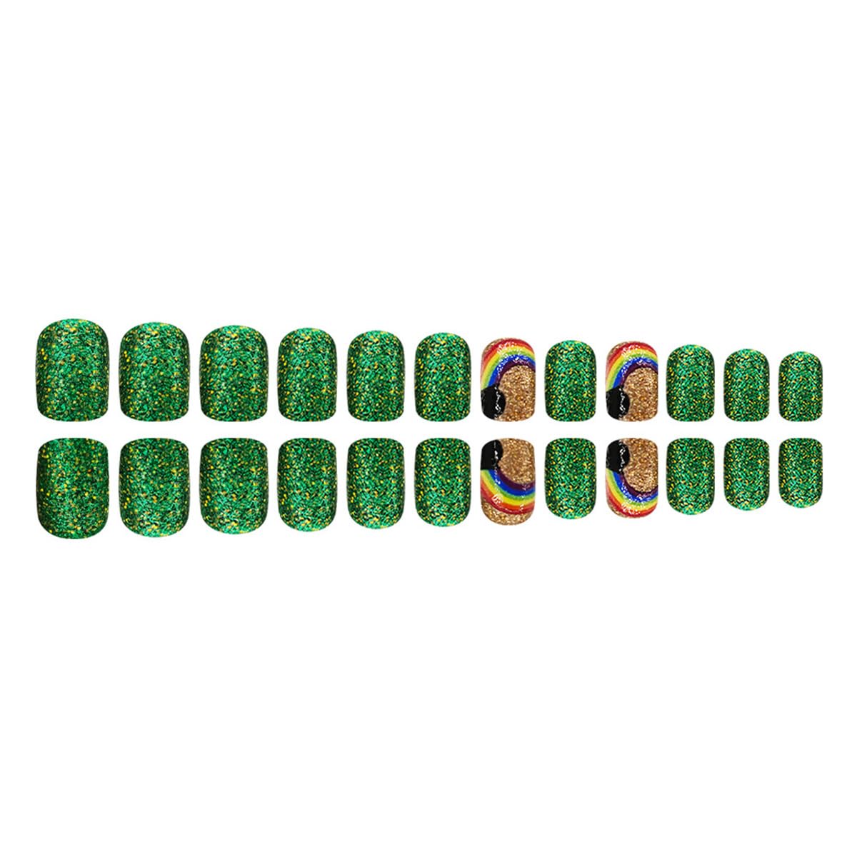 24Pcs St. Patrick's Day Press on Nails Short Square Fake Nails Gold Green Glitter Full Cover Artificial Glue on Nails with Rainbow Coin False Nails Irish Stick on Nails for Women DIY Nail Supplies