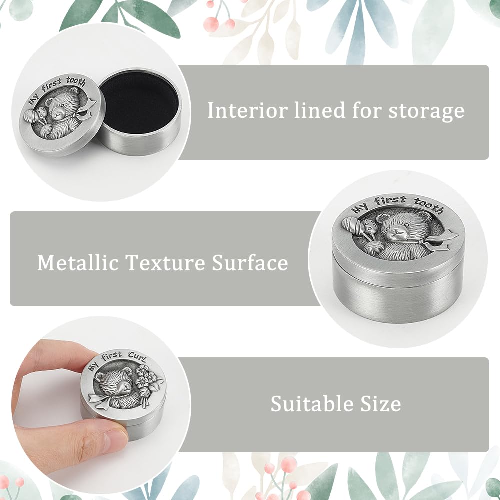 FINGERINSPIRE 2 PCS My First Curl & Tooth Bear Keepsake Box - 1.3inch Inner Size Antique Silver Baby Teeth Collection for Childhood Memory, Alloy Tooth Holder and Curl Organizer Set