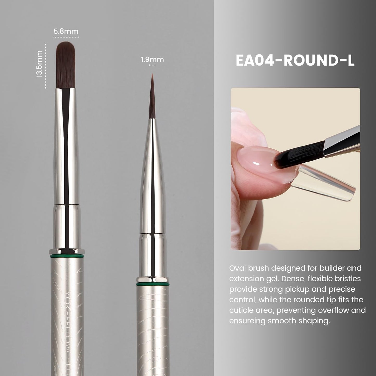 YOKEFELLOW EliteAlly Nail Art Brush,13mm Lengthen Oval Nail Brush for Builder Gel & Polygel Smooth Application, Professional Nail Art Tool(EA04 ROUND-L)