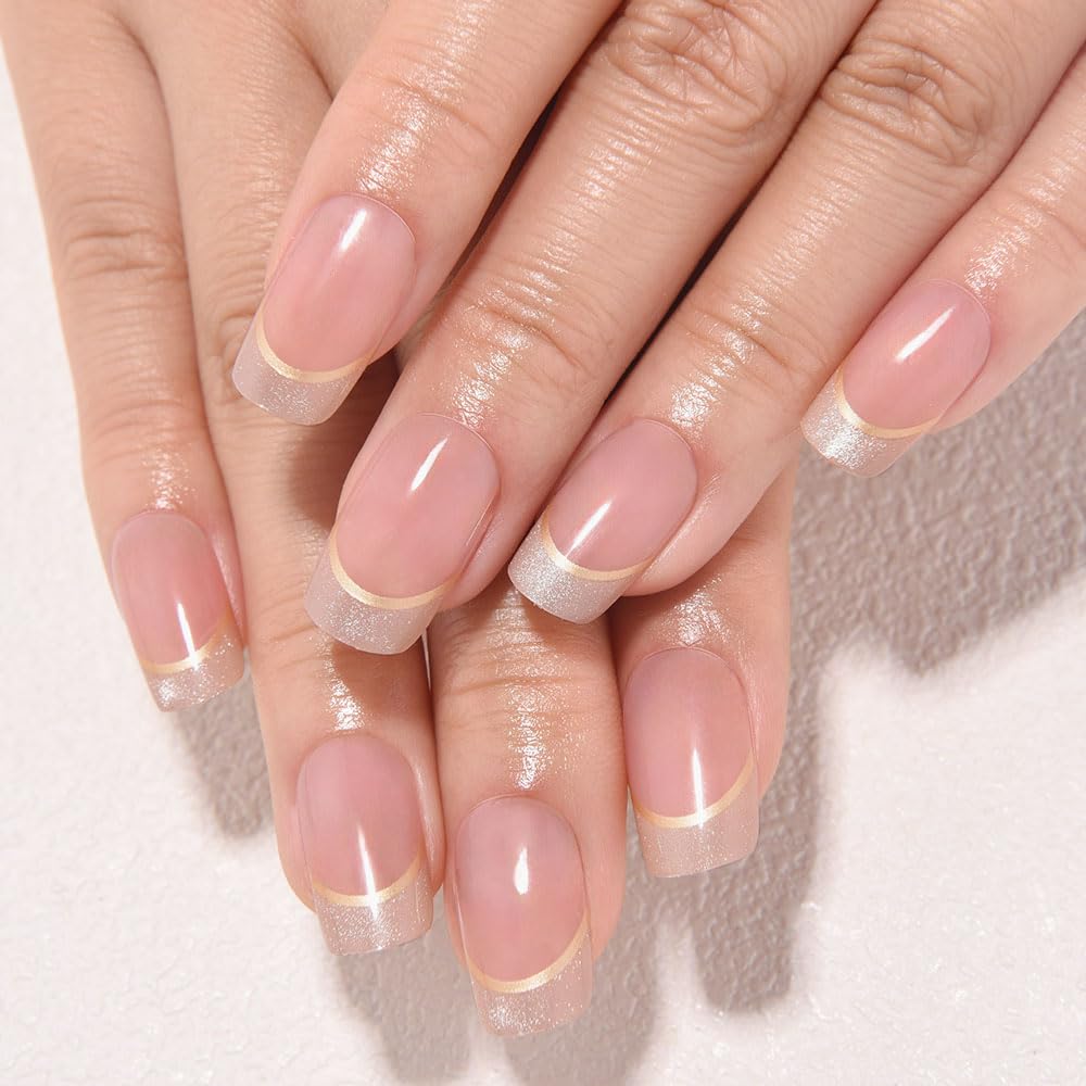evpct French Tip Press On Nails Medium Squoval No Glue, Nude Pink Gold Line&Cat Eye Tips, Medium Squoval Fake False Press on Nails, Soft Stick on nail Press ons with Nail Kit, Reusable Salon-quality