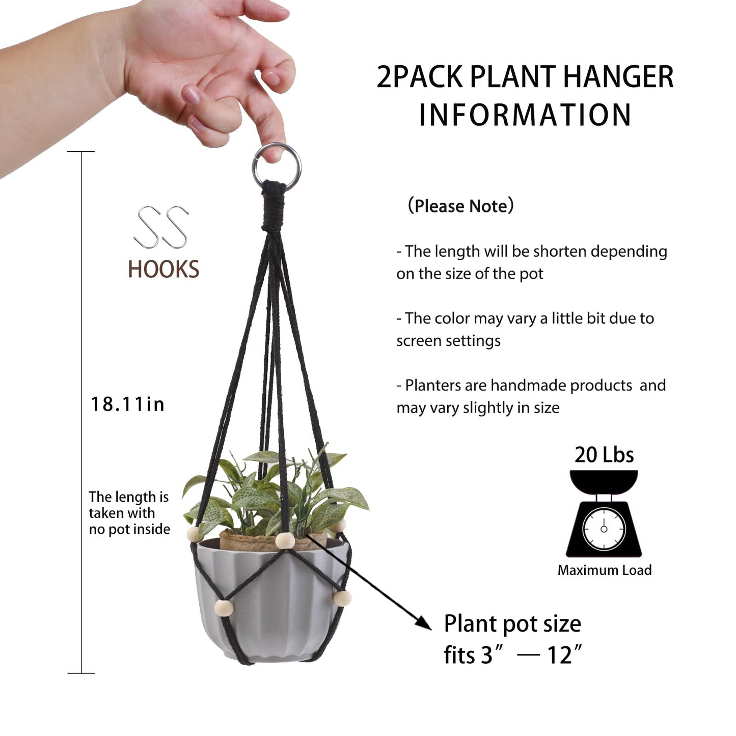 Artilady Black Hanging Planter for Indoor Plants Macrame Plant Hanger Large Hanging Plant Holder Basket with Adjustable Beads Outdoor Window Boho Plant Wall Decor (Black Bead-2pcs)