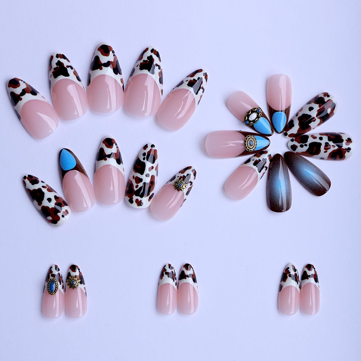 Medium Almond Press on Nails - Leopard Fake Nails with 3D Egyptian Eye Charms Designs False Nails French Tip Glue on Nails Reusable Full Cover Stick on Nails for Women Manicure 24Pcs