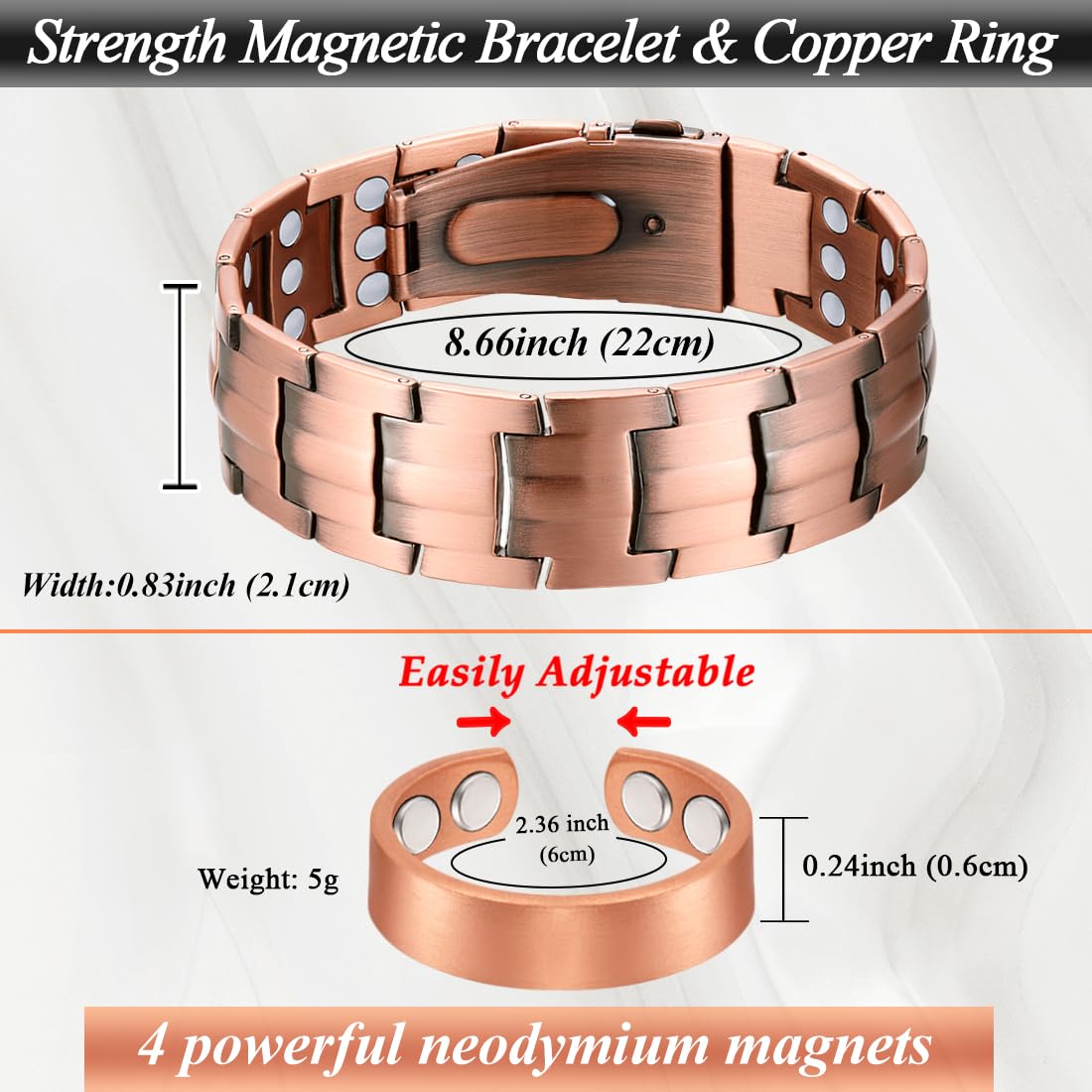 Cigamg 3X Copper Bracelet for Men Triple Strength Magnets Pure Copper Magnetic Bracelet & Ring Set with Adjustable Sizing Tool
