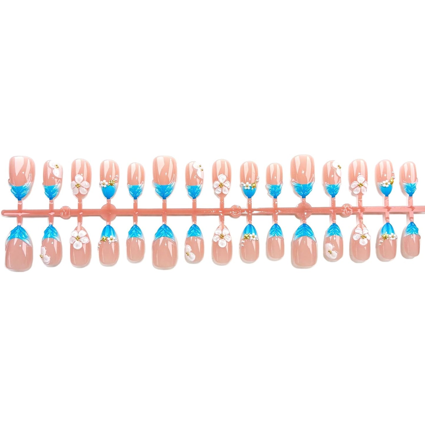 30Pcs Summer Blue FrenchPress on Nails Medium Almond ShapeFake Nails Press on with French Tip and 3d Flower Design Nude Base Spring and Daily for Women