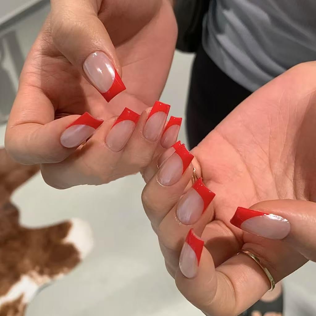 Handmade Red French Press on Nails Short Square Fake Nails with Glue Full Cover Glossy False Nails Stick on Nails for Women Manicure Aurora Powder Decoration 10PCS (MT-138-M)