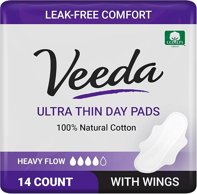 Veeda Ultra-Thin Absorbent Day Pads with 100% Natural Cotton Top Sheet are Always Chlorine and Fragrance Free, Hypoallergenic, Sanitary Napkins, 14 Count