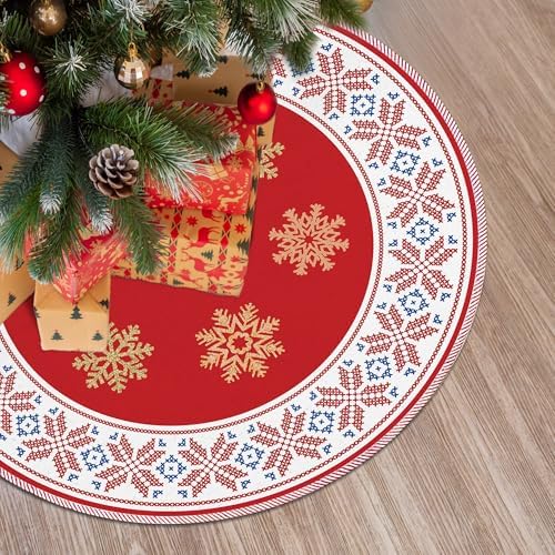 Red Christmas Tree Skirt 36 Inch, Red Christmas Decorations, Winter Xmas Snowflake Reindeer Tree Skirt for Home Xmas Party Winter Holiday Decor